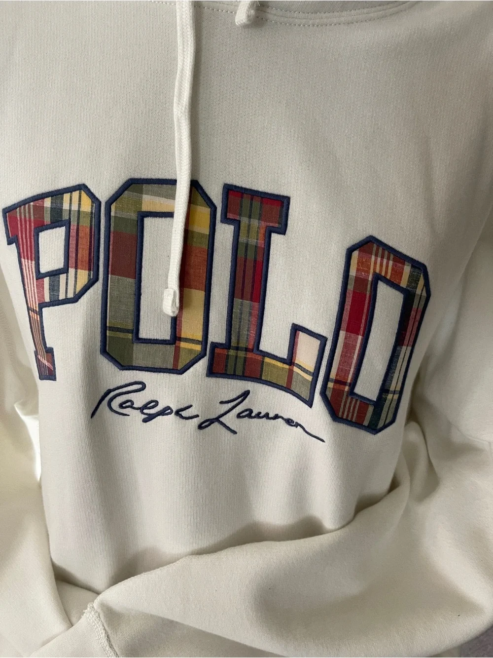 Polo by Ralph Lauren Cream Hoodie with Multicolor Plaid 'POLO' Logo